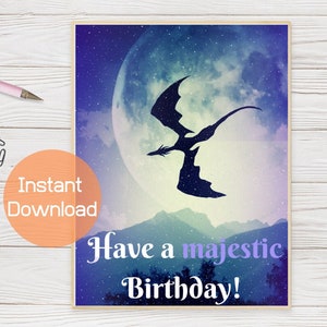 Happy Majestic Verjaardagskaart afdrukbaar, draakverjaardagskaart, digitale download, kaart voor haar, maanprint, digitale verjaardagskaart, drakenkaart