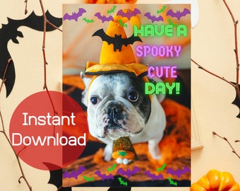 Spooky Cute Dog Happy Birthday Halloween kaart afdrukbaar, hond digitaal, digitale download, griezelige verjaardag, digitale verjaardagskaart, schattige hondenkaart