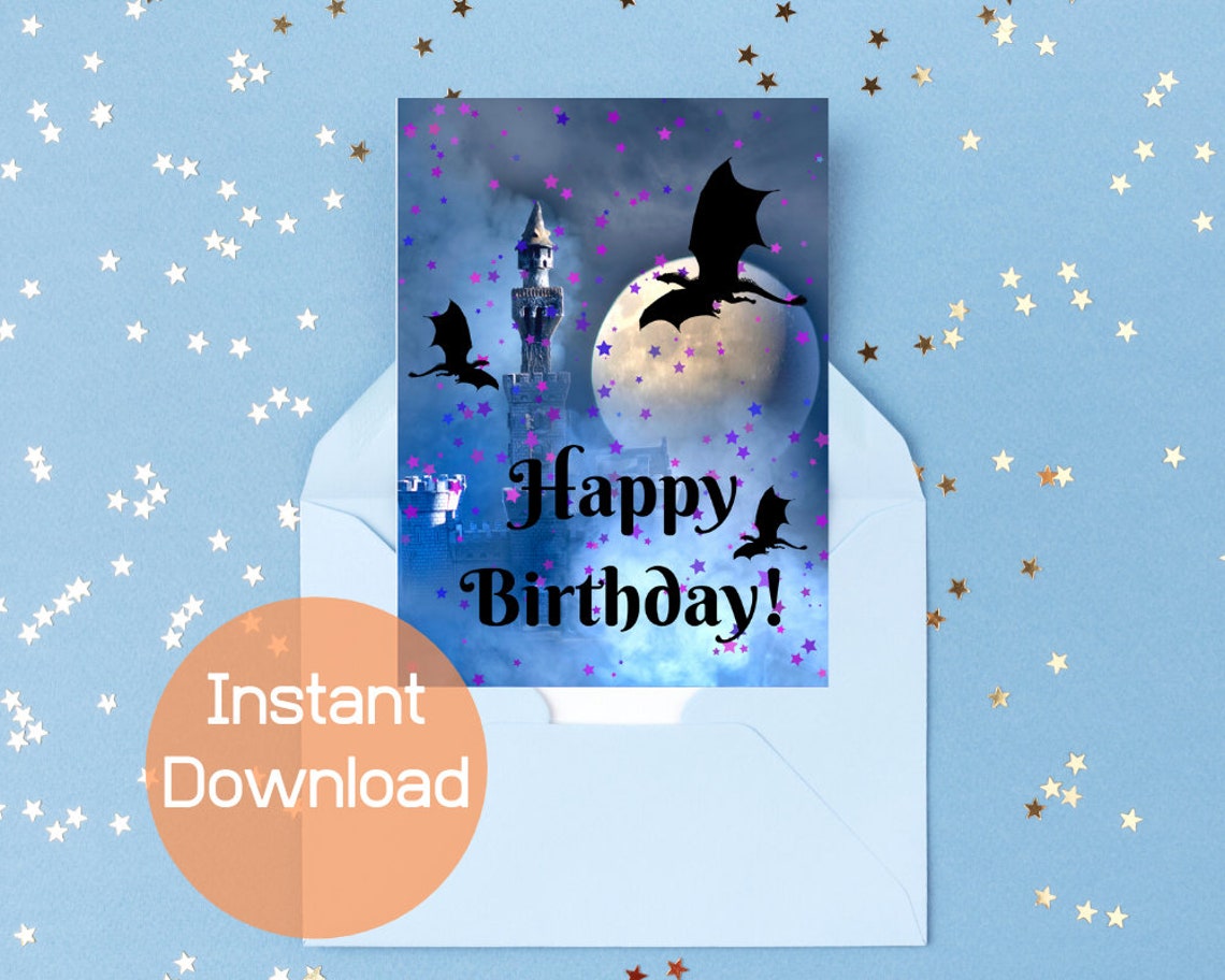 Happy Birthday Fantasy Card Printable, Dragon Birthday Card, Digital ...