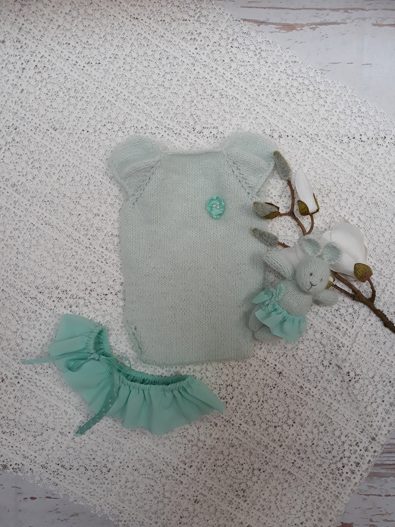Newborn baby girl hand knitted Short Sleeve Bodysuit and skirt and bunny setRomper Overall Photography Prop mink yarnmint