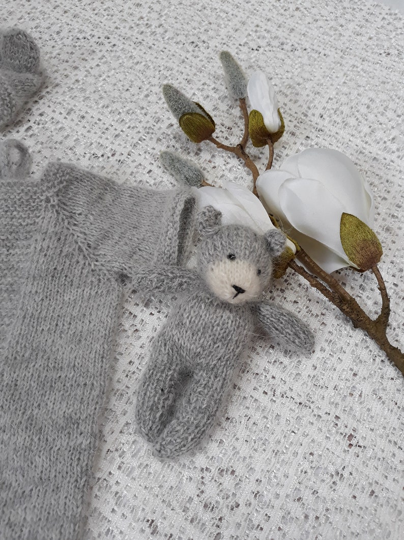 Newborn baby boy hand knitted Short Sleeve Bodysuit and cap and teddy setRomper Overall Photography Prop Mohair blend gray