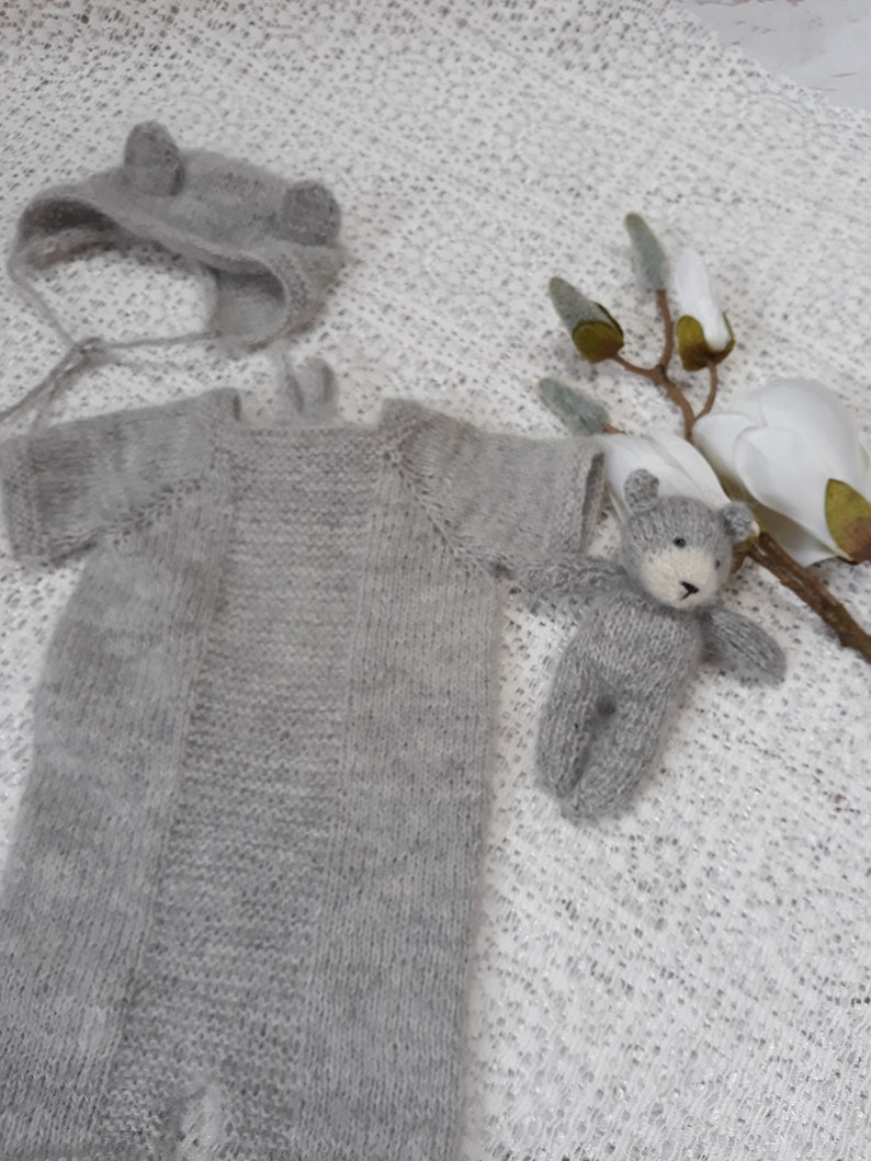 Newborn baby boy hand knitted Short Sleeve Bodysuit and cap and teddy setRomper Overall Photography Prop Mohair blend gray