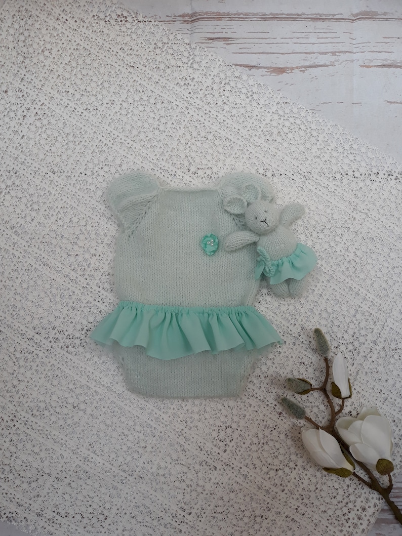 Newborn baby girl hand knitted Short Sleeve Bodysuit and skirt and bunny setRomper Overall Photography Prop mink yarnmint