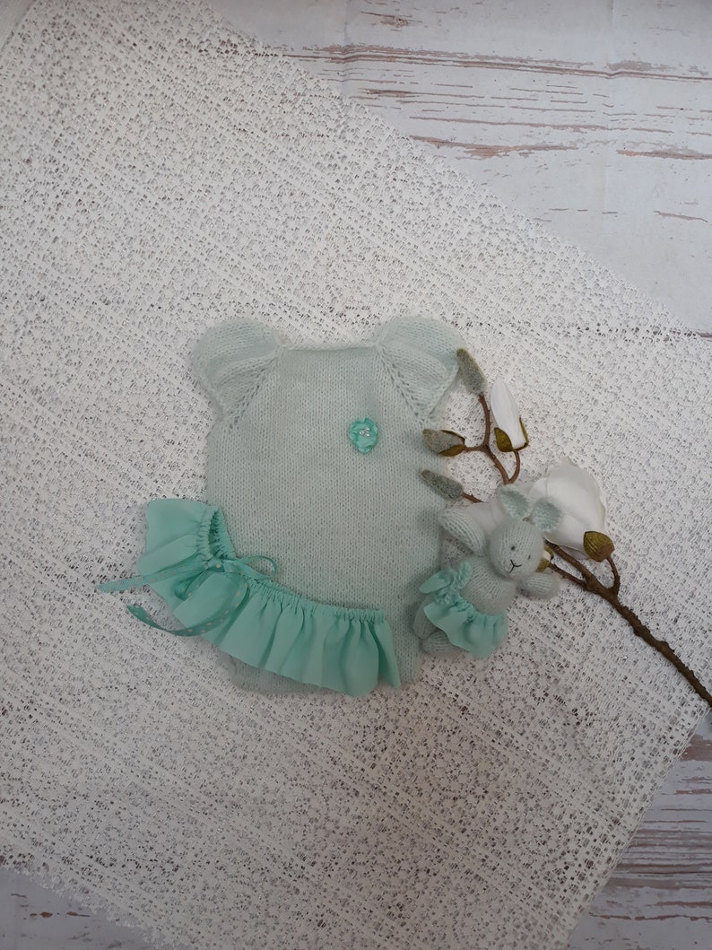Newborn baby girl hand knitted Short Sleeve Bodysuit and skirt and bunny setRomper Overall Photography Prop mink yarnmint