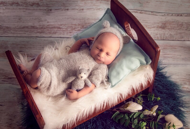 Newborn baby boy hand knitted Short Sleeve Bodysuit and cap and teddy setRomper Overall Photography Prop Mohair blend gray