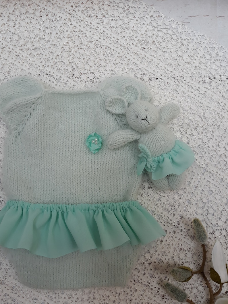 Newborn baby girl hand knitted Short Sleeve Bodysuit and skirt and bunny setRomper Overall Photography Prop mink yarnmint