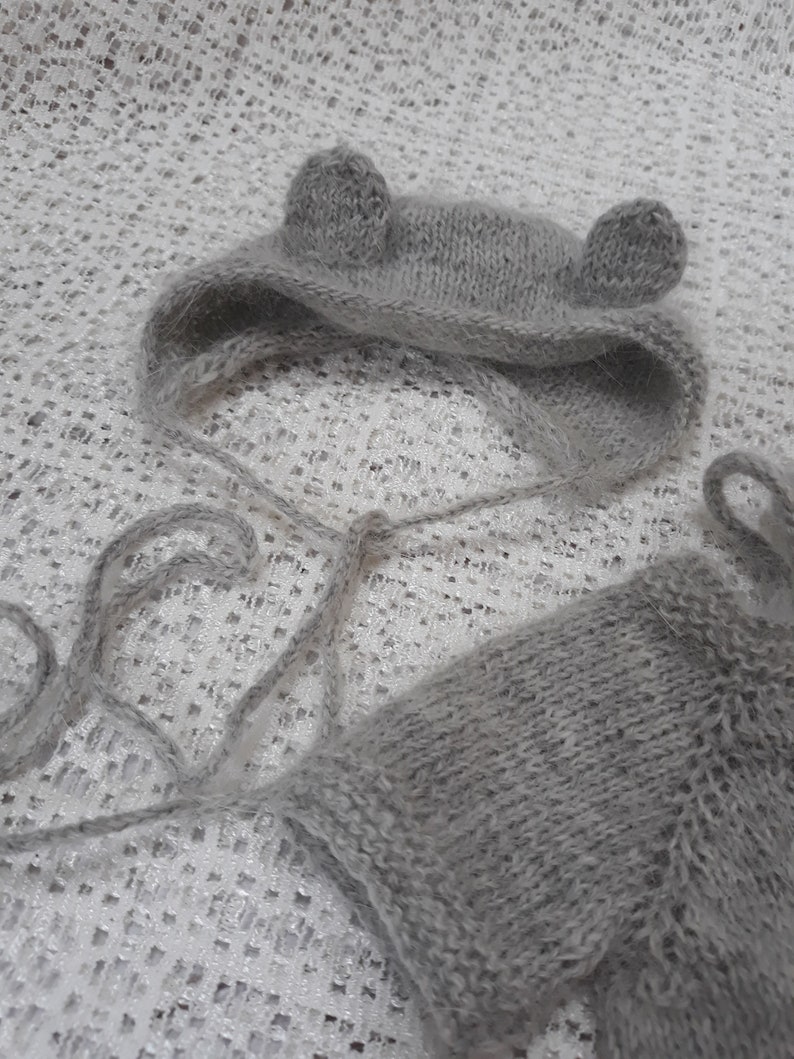 Newborn baby boy hand knitted Short Sleeve Bodysuit and cap and teddy setRomper Overall Photography Prop Mohair blend gray