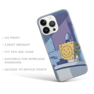 May include: Clear iPhone 13 Pro Max case featuring a cartoon illustration of Spongebob Squarepants.  The case is lightweight and made of TPU gel, suitable for wireless charging.  It has UV printing and allows access to device ports. The design is primarily in shades of blue, purple, and yellow.