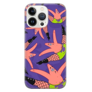 May include: iPhone 13 Pro Max case featuring a repeating pattern of Patrick Star from SpongeBob SquarePants. Patrick is depicted in a playful pose, wearing fishnet stockings and a lime green wrestling outfit against a purple background. The case is transparent, showcasing the phone's camera system.