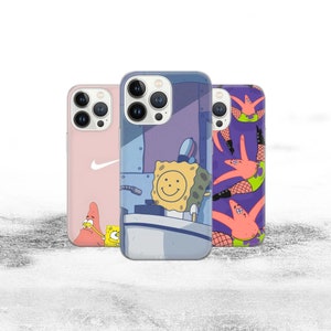 May include: Three iPhone 13 phone cases.  A pink case features a Nike swoosh and Patrick Star. A purple case shows SpongeBob SquarePants at a DJ mixer. A dark purple case showcases Patrick Star in fishnet stockings. All cases feature cartoon characters from SpongeBob SquarePants.