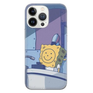 May include: iPhone 13 Pro Max case featuring a cartoon illustration of Spongebob Squarepants with a smiley face, depicted in yellow and green hues against a blue and purple background. The case showcases a clear, transparent design, highlighting the phone's camera lens. The overall style is playful and nostalgic, suitable for fans of the animated series.