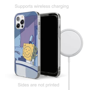 May include: A clear phone case with a cartoon image of Spongebob Squarepants at his workplace. The case supports wireless charging. Text on the image reads: 'Supports wireless charging' and 'Sides are not printed'.