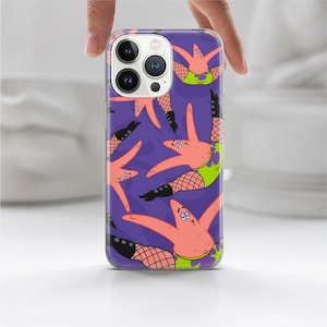 May include: iPhone 13 Pro Max case featuring a purple background and a repeating pattern of Patrick Star from SpongeBob SquarePants. Patrick is depicted wearing fishnet stockings and a lime green outfit. The case is clear, showcasing the phone's camera lenses.  The design is playful and vibrant, suitable for fans of the cartoon.