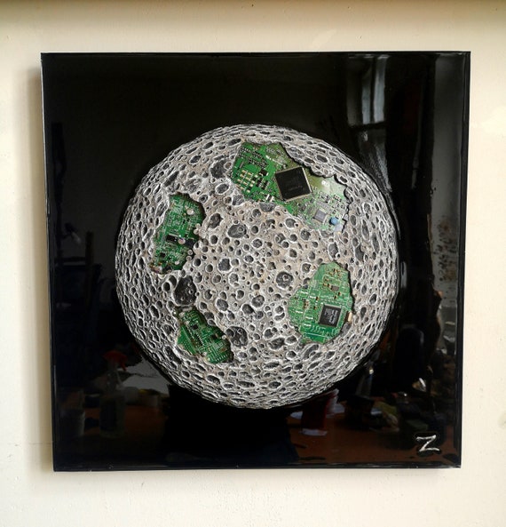 A 3D sculptural moon built from upcycled circuit boards and electronic components — cyberpunk meets fine craft in a way you genuinely won't find anywhere else.