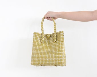 Mini sac fourre-tout - Sac fourre-tout en plastique tissé à la main - Sac de plage en plastique - Panier de pique-nique - Sac jaune de marché d’été - Sac d’épicerie.