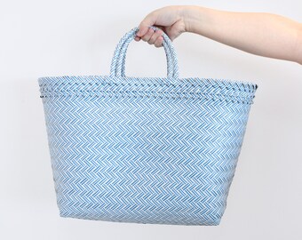 Blue Market Bag - Hand Woven Plastic Tote Bag - Plastic Beach Bag - Picnic Basket Bag - Colourful Summer Market Bag.