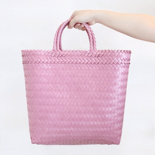 Pink Summer Market Bag, Hand Woven Plastic Tote Bag - Plastic Beach Bag - Picnic Basket Bag - Colourful Grocery Bag.