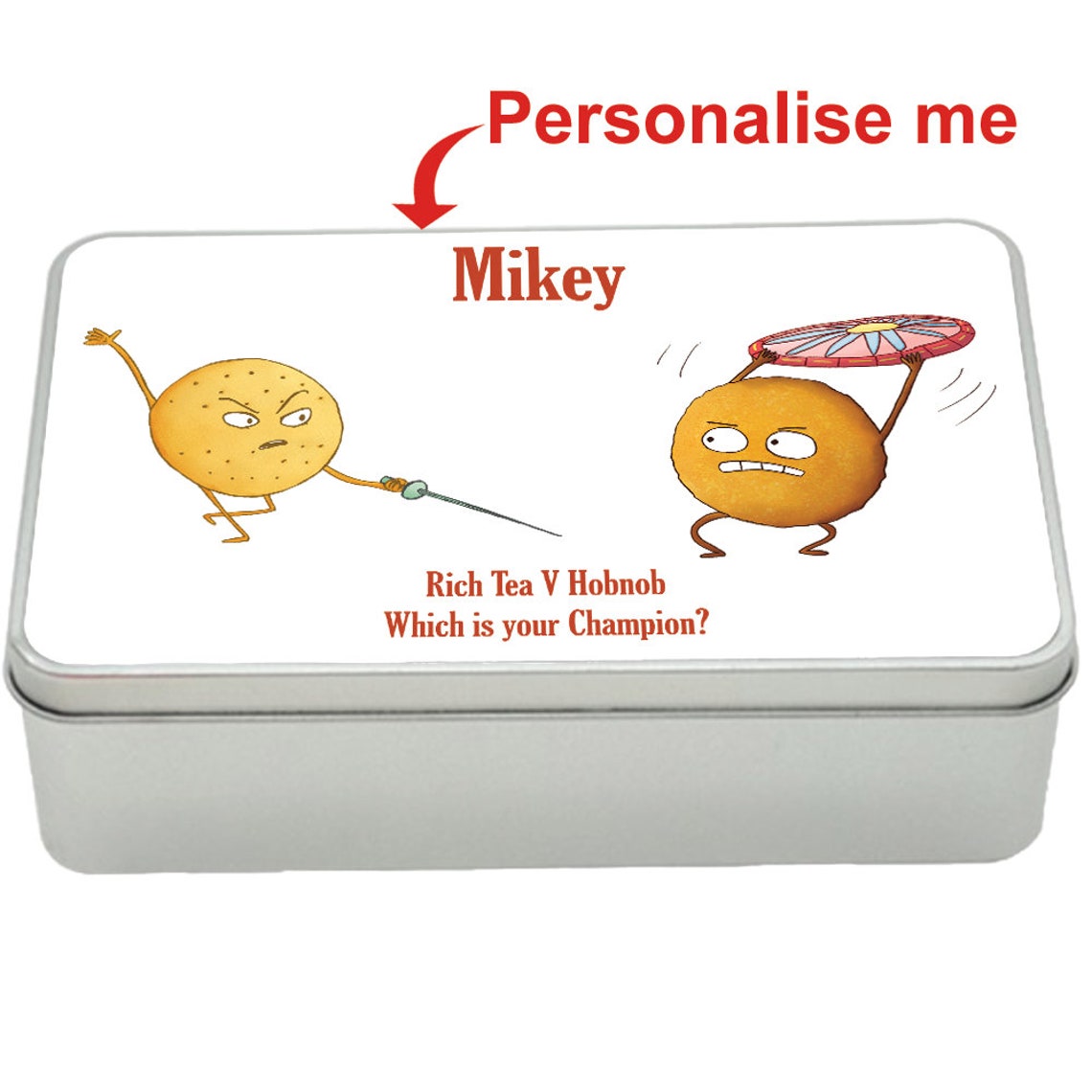 Rich Tea v Hobnob treat tin gift idea, personalised storage tin biscuits