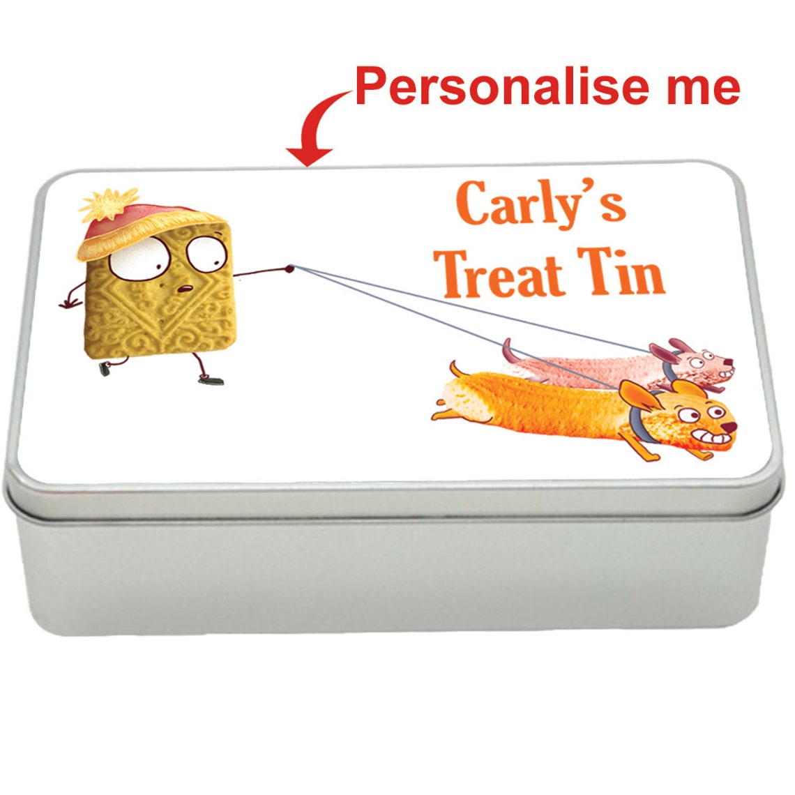 Custard Cream Dog Walk treat tin gift idea, personalised storage tin biscuits