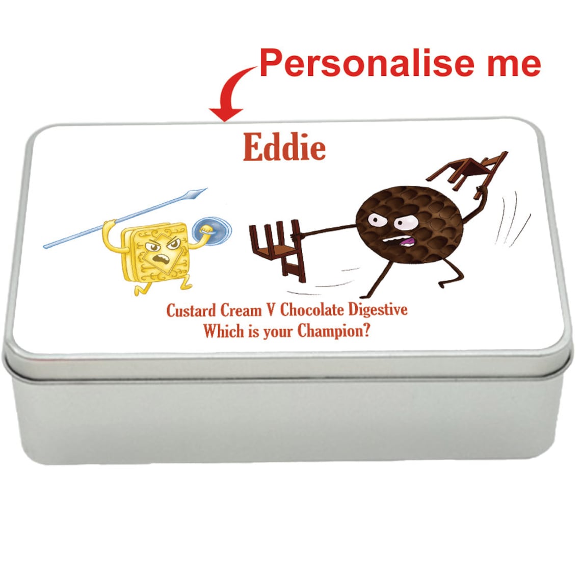 Custard Cream v Chocolate Digestive treat tin gift idea, personalised storage tin biscuits