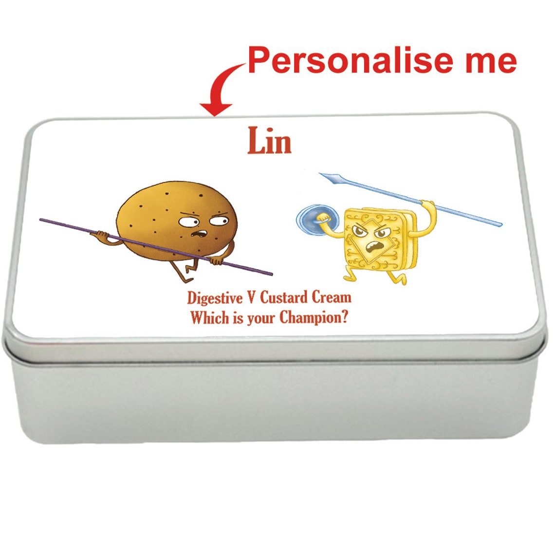 Digestive v Custard Cream treat tin gift idea, personalised storage tin biscuits