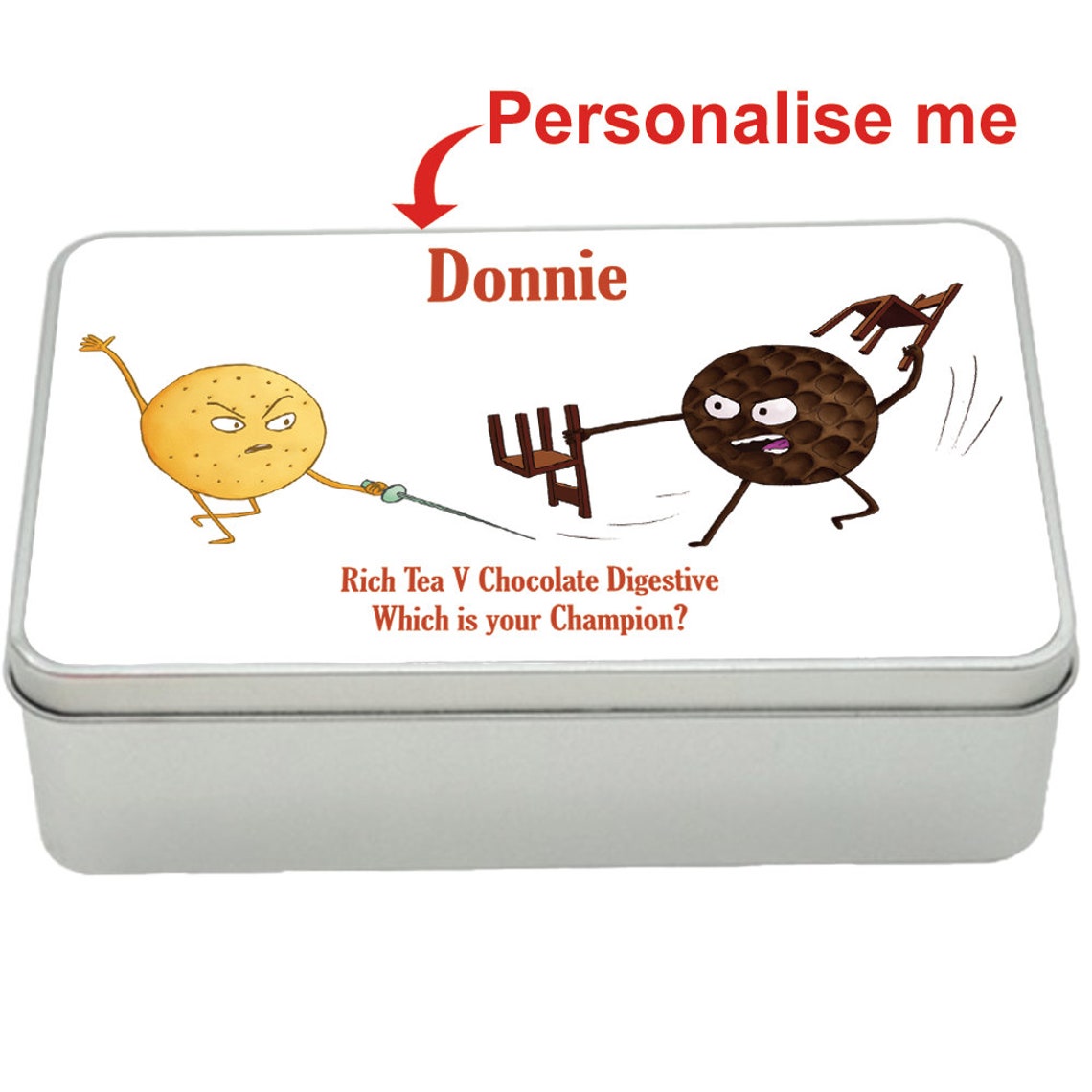 Rich Tea v Chocolate Digestive treat tin gift idea, personalised storage tin biscuits