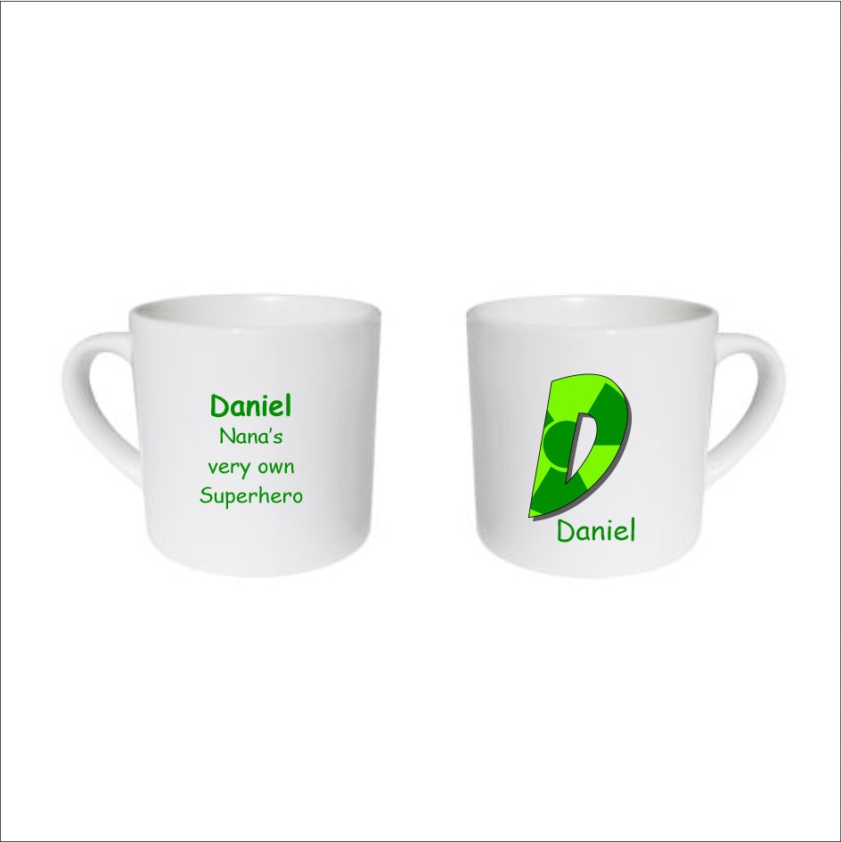 Childs Name Mug Alphabet letter D Superhero Spotty