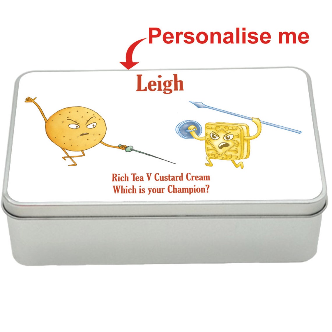 Rich Tea v Custard Cream treat tin gift idea, personalised storage tin biscuits