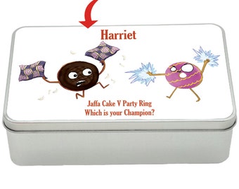 Jaffa cake verses Party ring treat tin gift idea, personalised storage tin biscuits