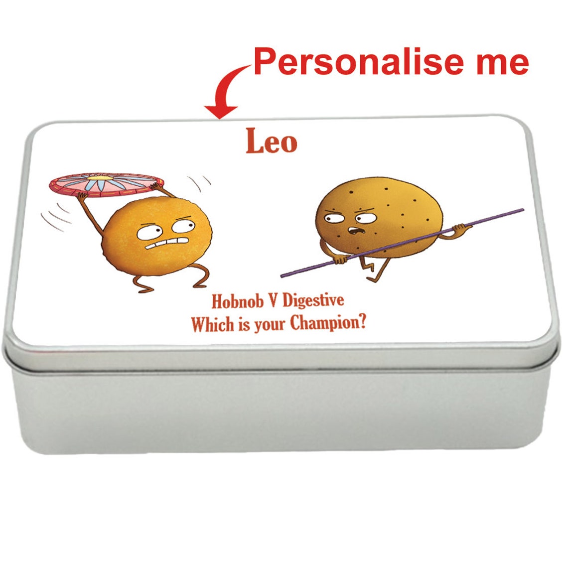 Hobnob v Digestive treat tin gift idea, personalised storage tin biscuits