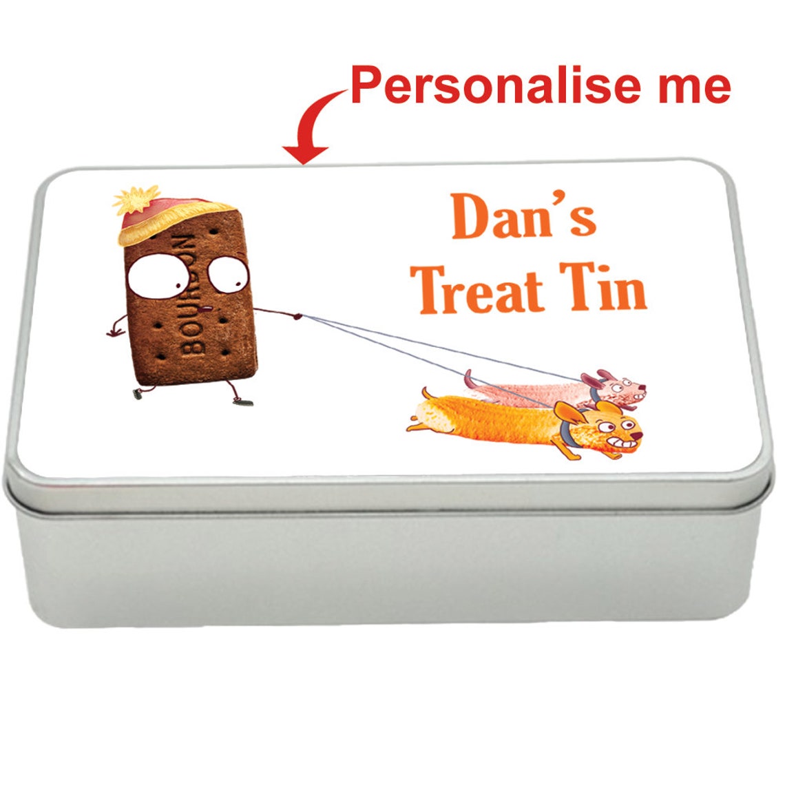 Bourbon Dog Walk treat tin gift idea, personalised storage tin biscuits