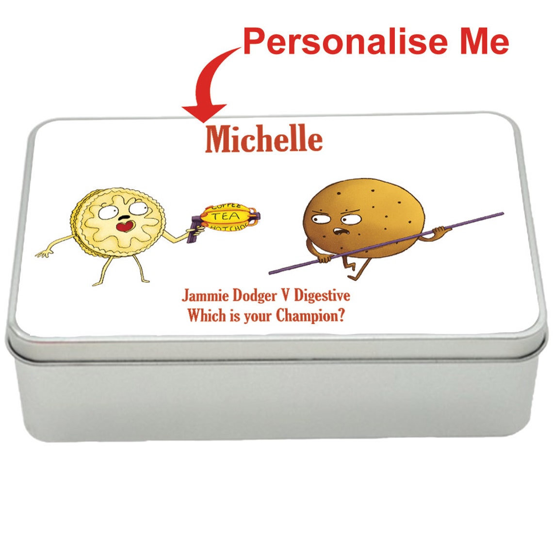 Jammie Dodger v Digestive treat tin gift idea, personalised storage tin biscuits