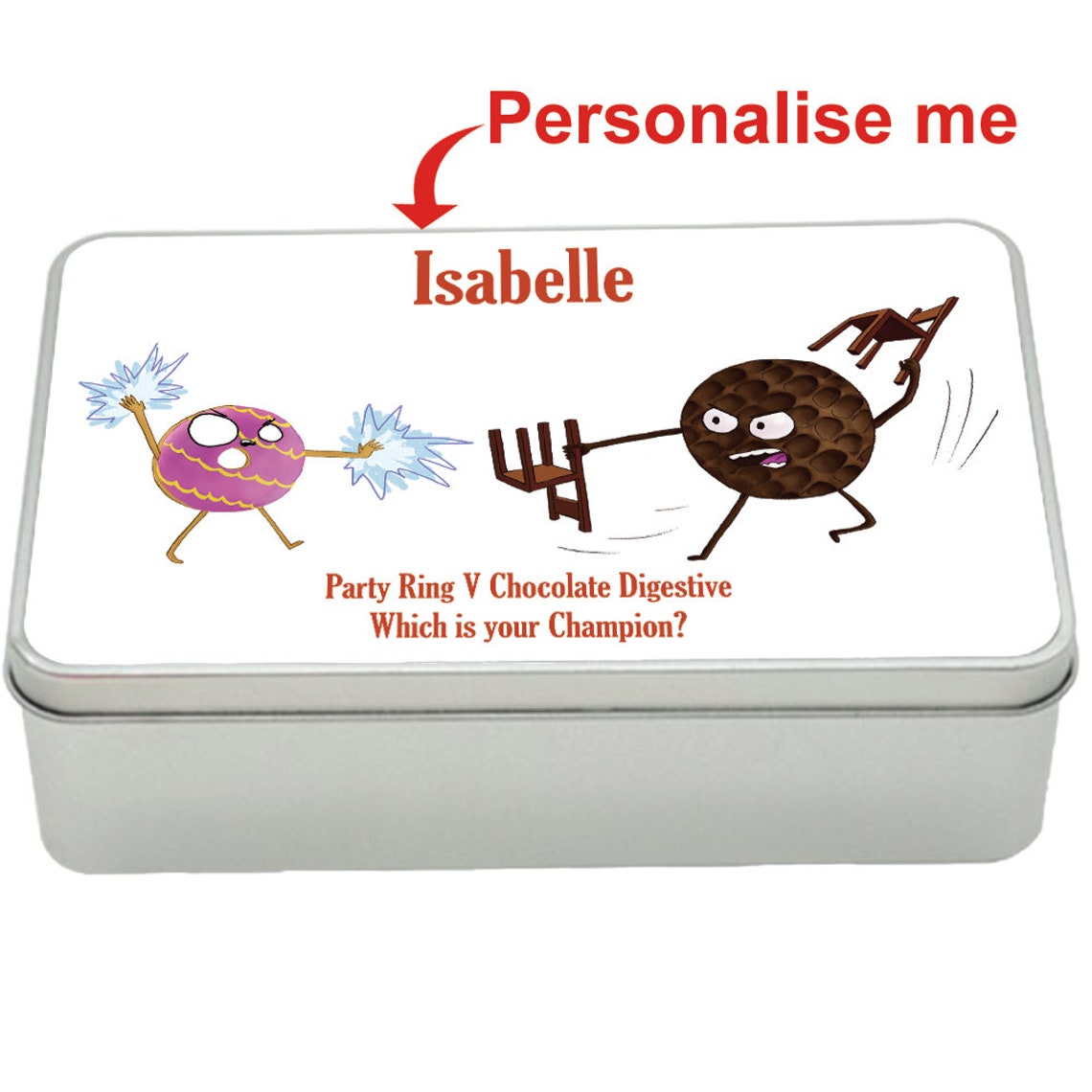 Party Ring v Chocolate Digestive treat tin gift idea, personalised storage tin biscuits