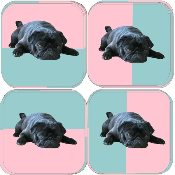 Pug Coaster Set, Black Pug Coaster Set