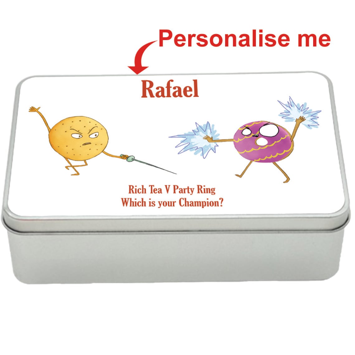 Rich Tea v Party Ring treat tin gift idea, personalised storage tin biscuits