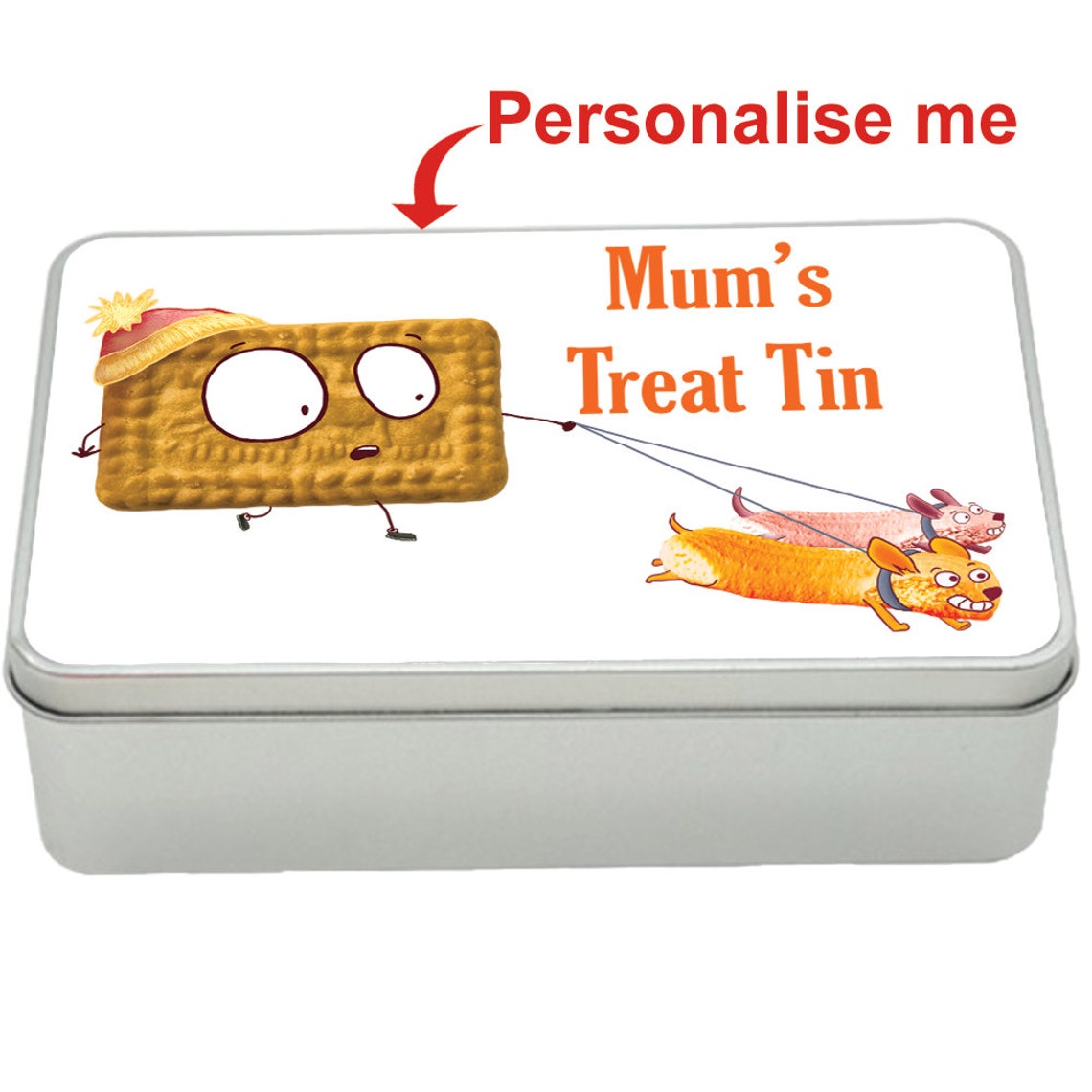 Malted Milk Dog Walk treat tin gift idea, personalised storage tin biscuits