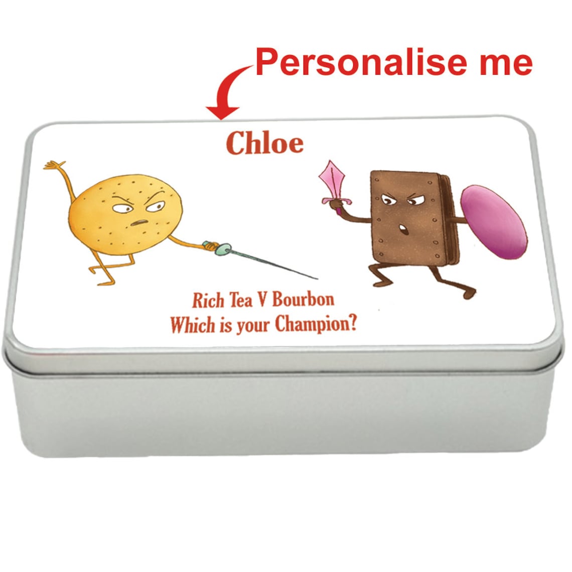 Rich Tea v Bourbon treat tin gift idea, personalised storage tin biscuits