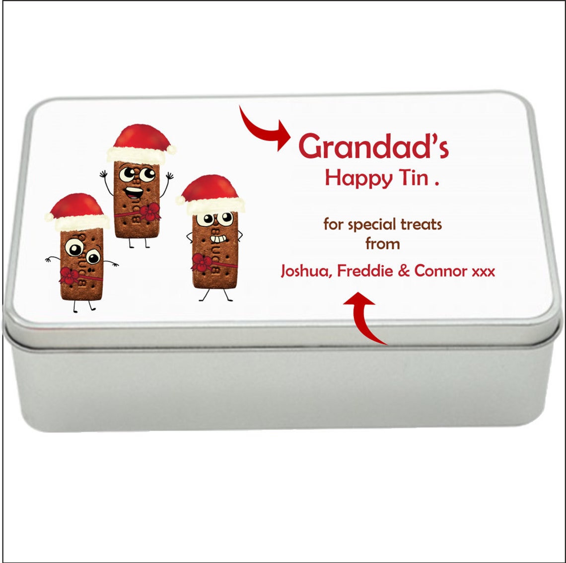 Bourbon treat tin gift idea, personalised storage tin Christmas biscuits