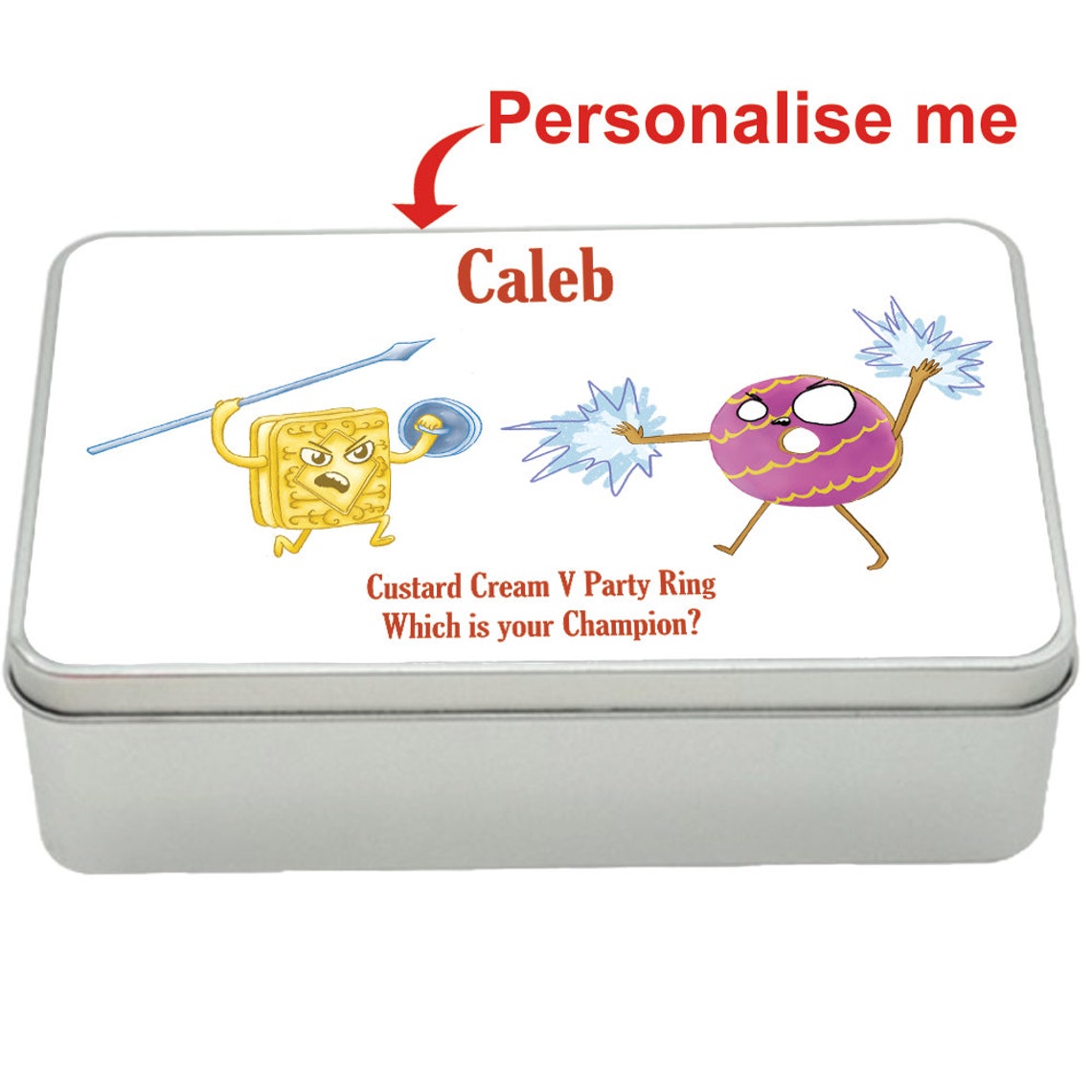 Custard Cream v Party Ring treat tin gift idea, personalised storage tin biscuits