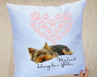 Yorkshire Terrier Cushion, Pawprint Heart Cushion, Dog Owner Gift, Cushion Gift For Dog Lover, Cushion Gift For Yorkshire Terrier Owner