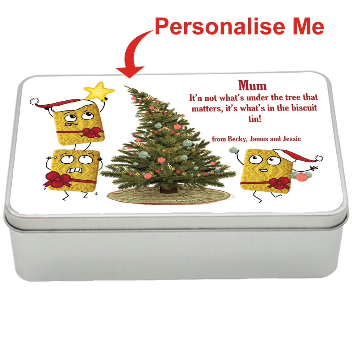 Custard Cream Christmas Tree treat tin gift idea, personalised storage tin biscuits