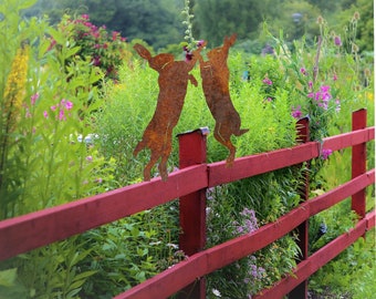 Boxing Hares Fence Topper, Steel Post Topper,  Decorative Garden Ornament, Wildlife Gift For Gardener, Steel Garden Art, Hare Lover Gift