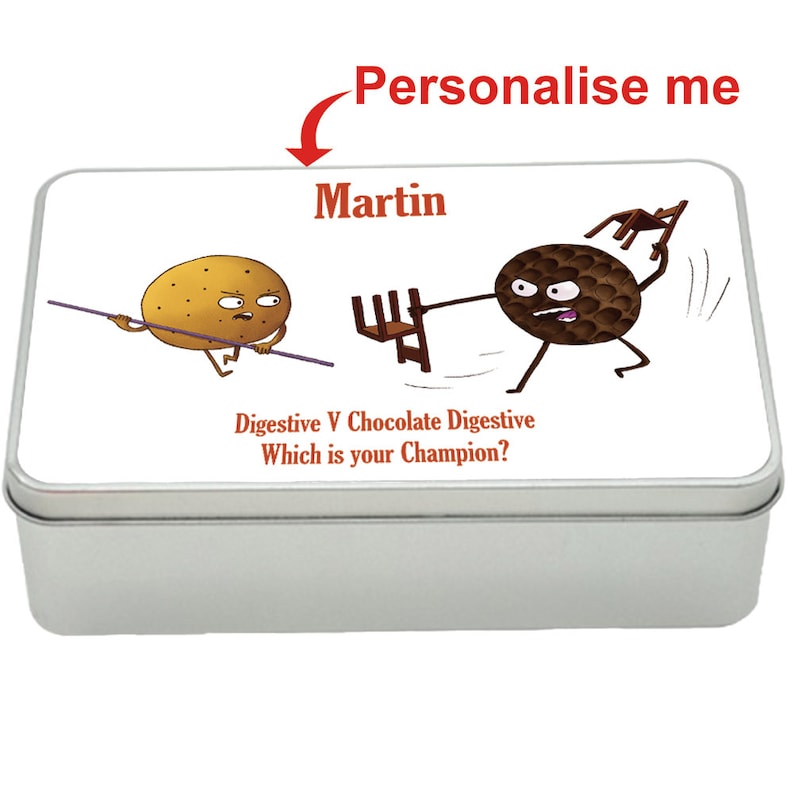 Digestive v Chocolate Digestive treat tin gift idea, personalised storage tin biscuits