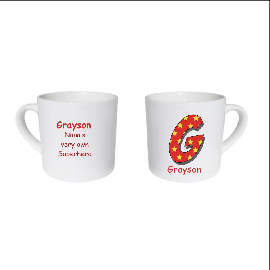 Childs Name Mug Alphabet letter G Superhero Spotty