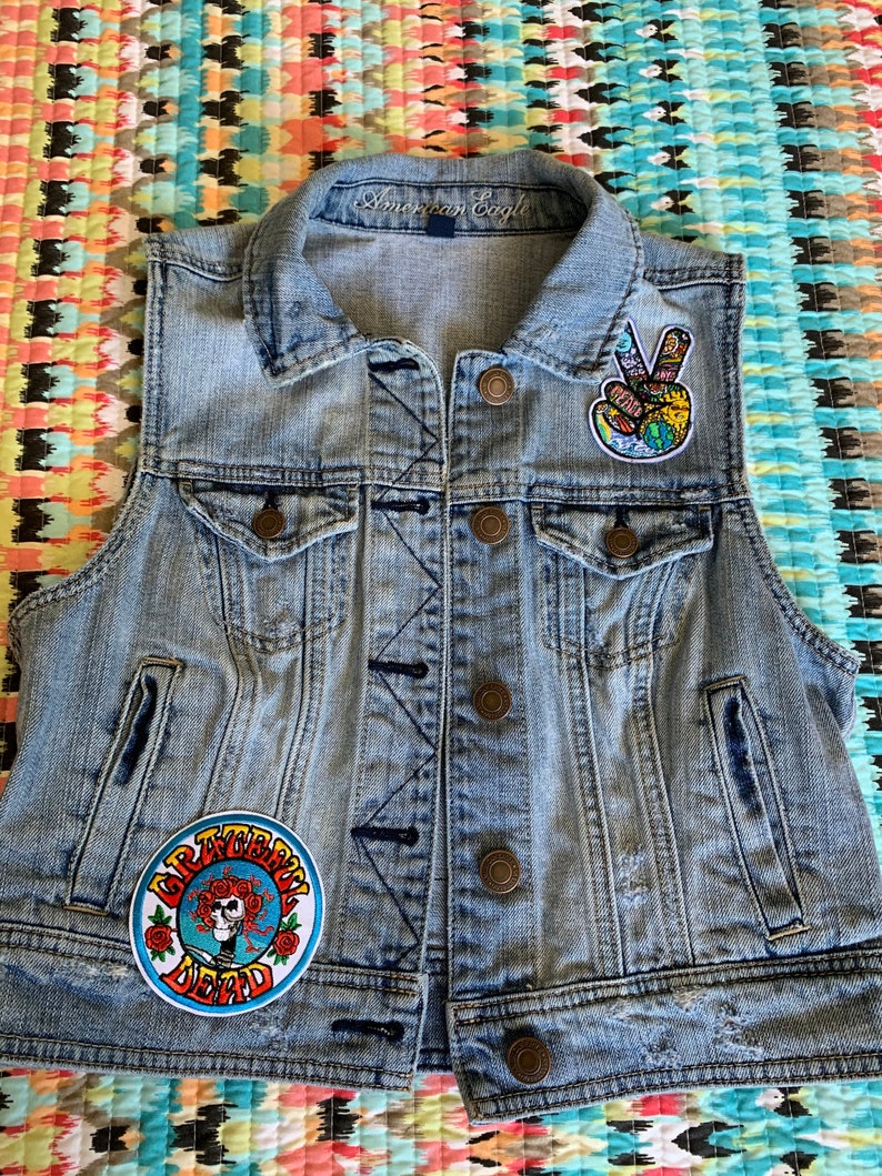 Upcycled denim vest with Grateful Dead patches | Etsy