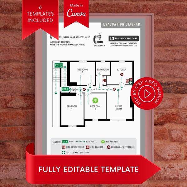 Evacuation Diagram Template for Airbnb Hosts | Customizable Emergency Safety Plan | Editable Canva template