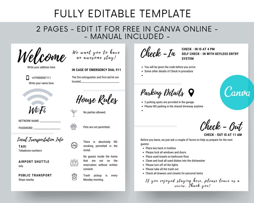 Airbnb 2 Pages Quick Welcome Guide Fillable And Editable Etsy Espa a