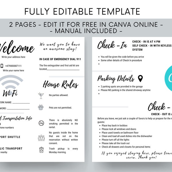 Airbnb 2 Pages Quick Welcome Guide | Fillable and Editable Airbnb Template | House Rules + Wifi + Check out