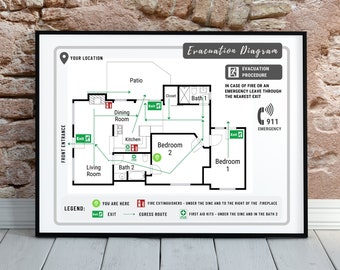Custom Evacuation Diagram | Evacuation Emergency Floor Plan | Fire plan Airbnb