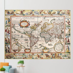 Antique Rare World Ptolemy Map By Germanus 1467 Canvas W Vintage Wooden Hangers 